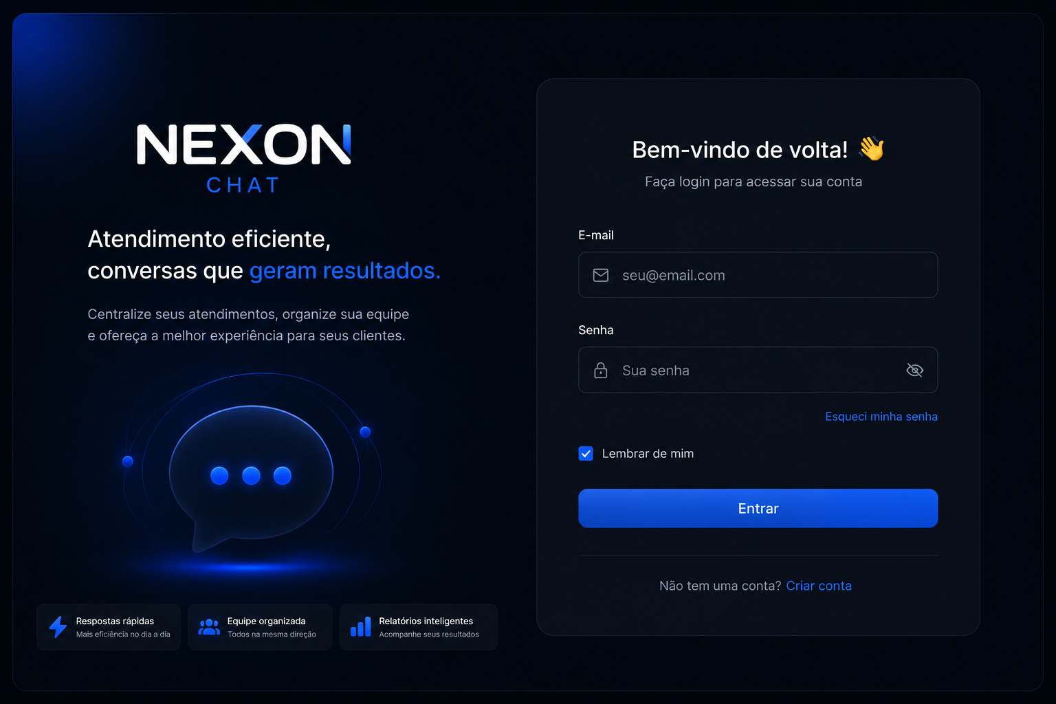 Tela de login do Nexon Chat com layout dark e chamada de atendimento eficiente