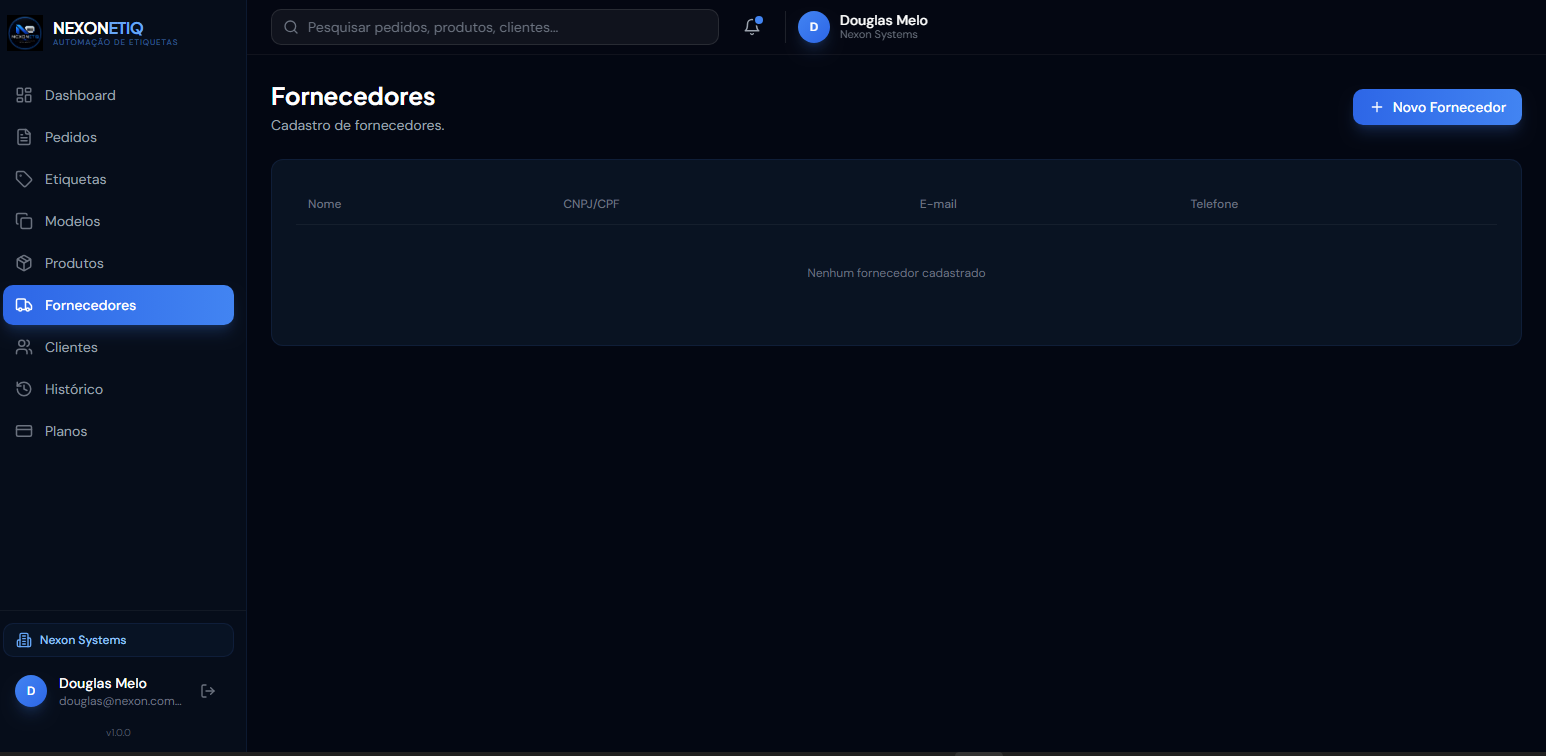 Tela de fornecedores do Nexon Etiq