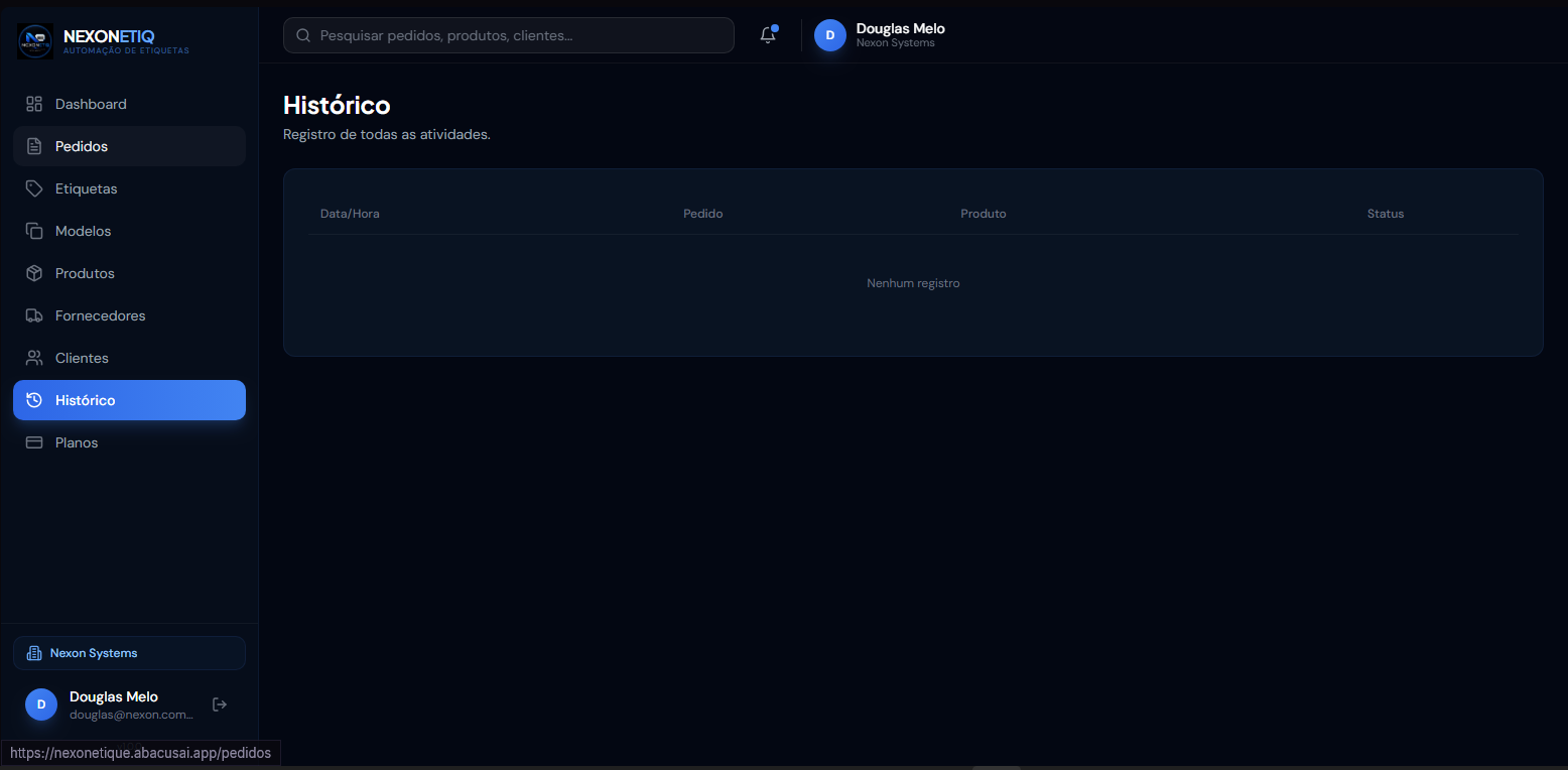 Tela de historico do Nexon Etiq