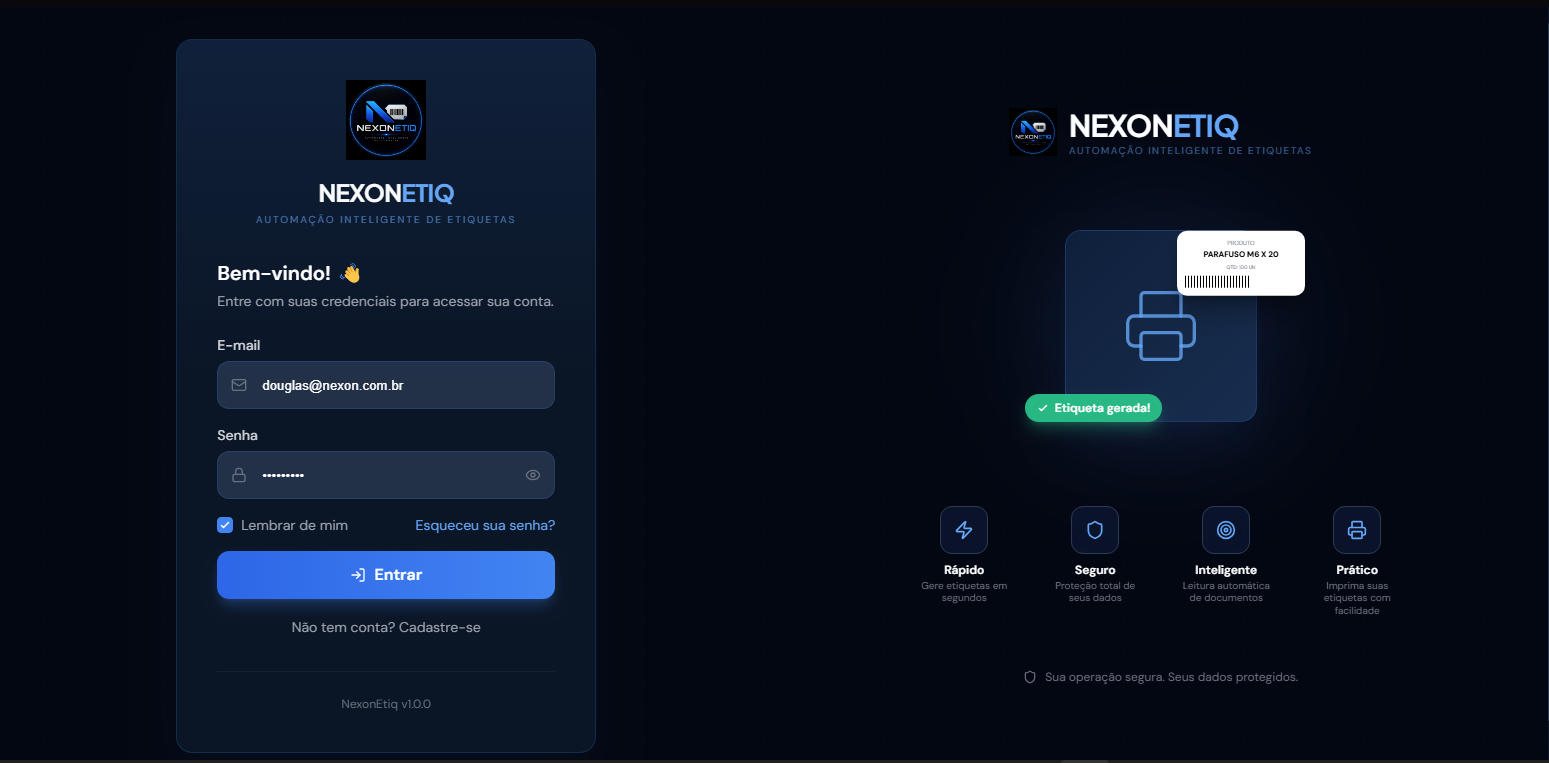 Tela de login do Nexon Etiq com identidade visual dark premium