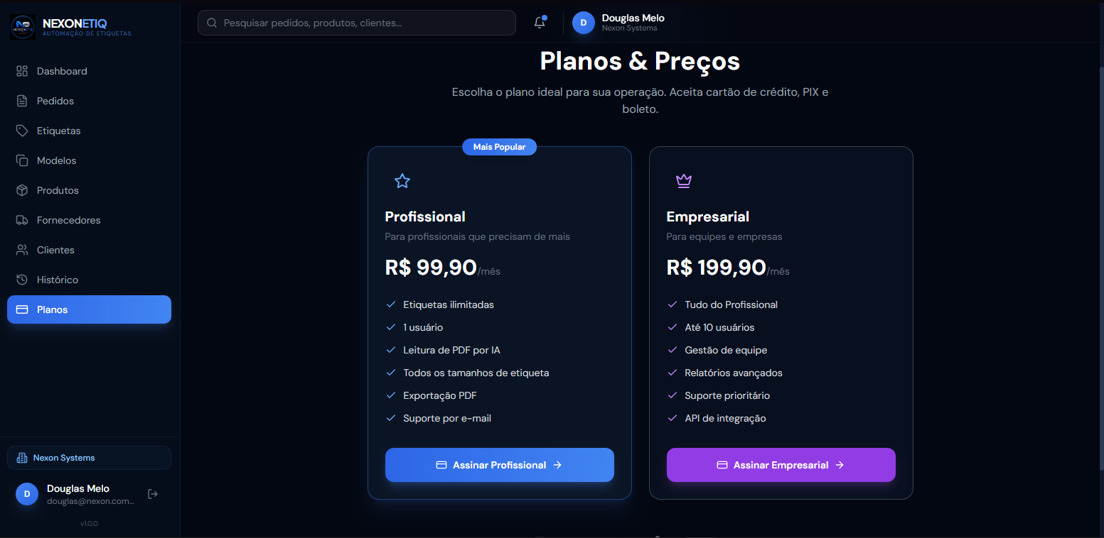 Tela de planos e precos do Nexon Etiq
